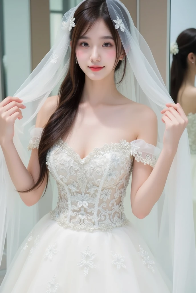 (Highest quality, High resolution, masterpiece:1.2,), figure, night, One girl, whole body, (Wedding dress), Put your arms behind your back, Wait for a kiss, View your viewers, Happy, blush,