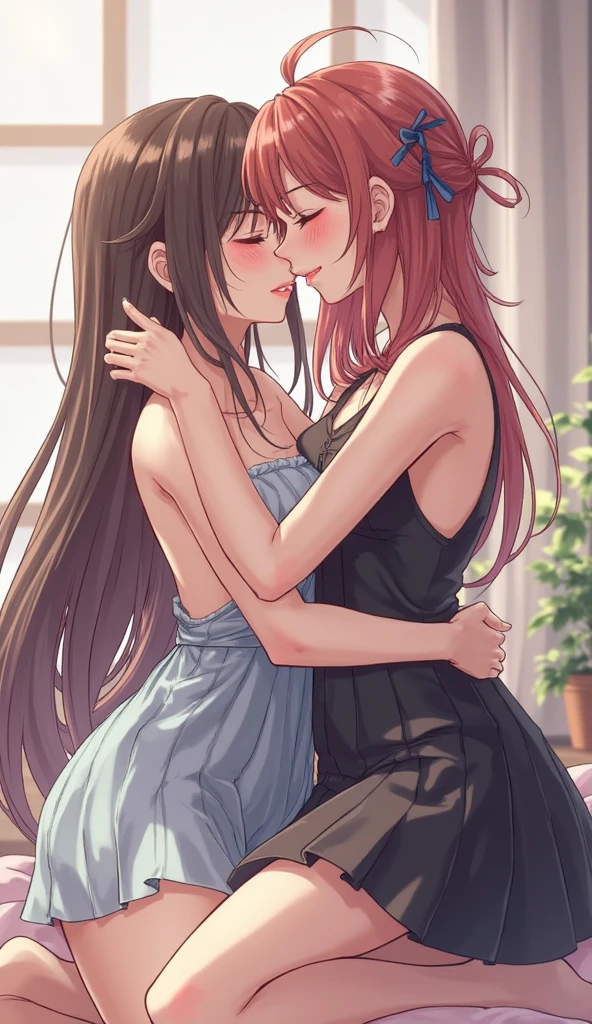 2 girls, kiss very hot, one girl - The other is tall and short, with dark hair, and the other is tall.