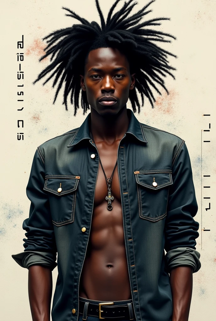 Young African man, short curly hair, Empty body, wearing jeans shorts. Tattoo Writing,Rumbewas on his chest.