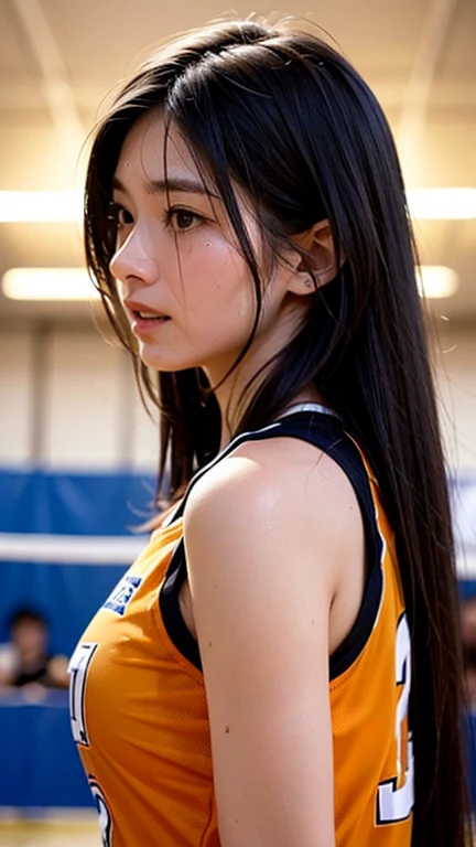 (masterpiece, very detailed, surreal, best quality, clear focus, realistic), alone, 1 woman, (ultra high resolution, 8K, 16,000:1.3), (whole body:1.3), very wide shot, (complete anatomy:1.3), perfect face, (detailed face, detailed eyes, detailed hand, detailed hand가락, perfect fingers, 5 fingers), (18-year-old Japanese idol but famous professional basketball player), She's on a famous team, (Wearing a cute team basketball uniform made of very thick leather with a very tight, colorful fit..:1.2), (Take off your uniform in the locker room:1.3), (very large breasts:1.3), slim waist, (Very beautiful and very cute but has a nice boyish face.:1.2), (bad girl:1), cool girl vibes, assembly, eyeliner, colored hair, (dynamic angle:1.3), (chest concentration), very slim but very muscular, shoulders are very broad, painful expression,