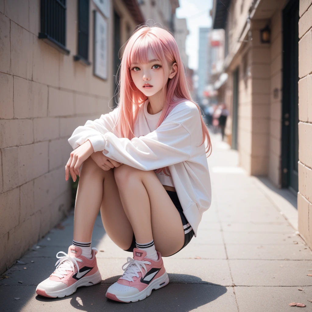 A girl with pink hair, pink clothes, and low growth.