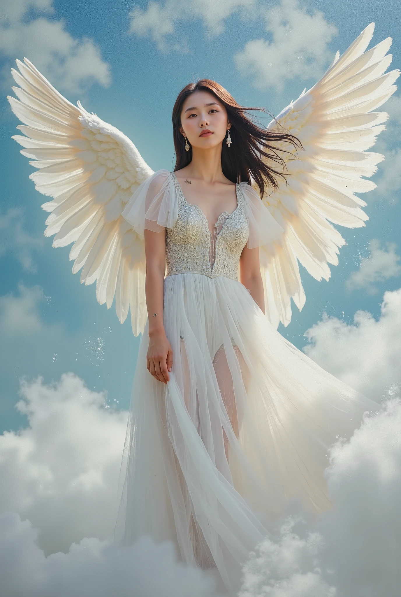 portret realistyczny 16k beauty face a painting of a woman in a white and silver dress standing on a cloud, cloud goddess, ethereal!!!, ethereal beauty, extremely beautiful and ethereal, ethereal!!!!!!!, incredibly ethereal, a stunning young ethereal figure, very ethereal, beautiful angel, ethereal angelic being of light, ethereal and dreamy, dreamy and ethereal, beautiful goddess, (ethereal), ethereal, godly and etherea bigger angel wings,(dynamik8K) korean happy (czarne krótkie potargane włosy) widoczna biała elegancka z czarnym krawatem koszula , obcisla przylegająca do ciała, rozpiety długi amber elegancki płaszcz ,obcisłe czarne leginsy , słodka zmysłowa sexy street art sexy dla lalki mokre deszcz, wh3ein