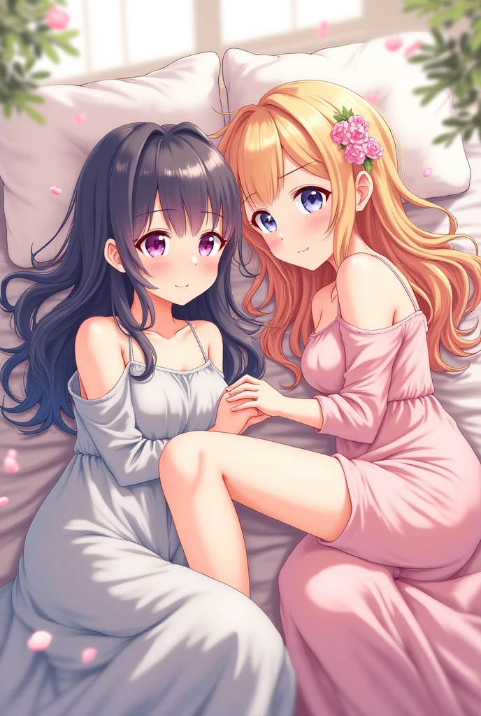((Happy and cheerful girls in their pajamas, ready for a cozy pajama party. The scene is set in a warm and inviting bedroom, with lot's of soft pillows scattered on the bed. Girls are holding their pillows, eager to begin a playful pillow fight. Feathers from the pillows are flying in the air, adding a playful and whimsical touch to the scene. The girls are laughing and enjoying each other's company, creating a joyful and carefree atmosphere.))