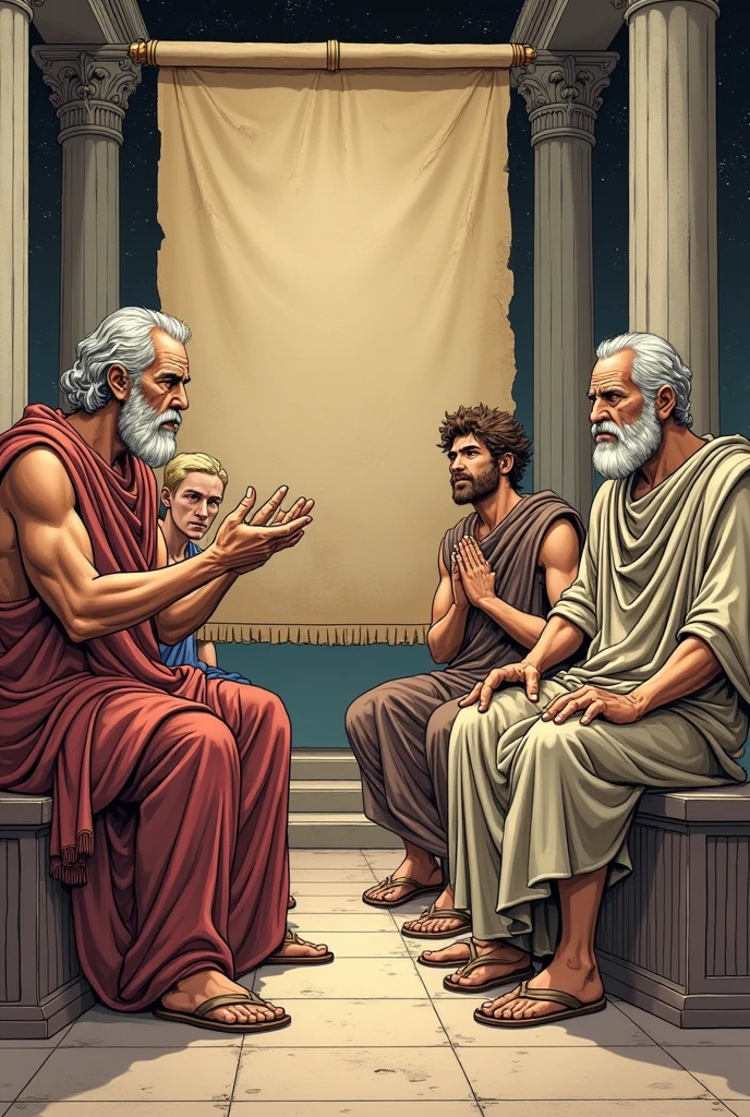 A black and white painting of an old man sitting in a cave surrounded by other ruined men of ancient Greece