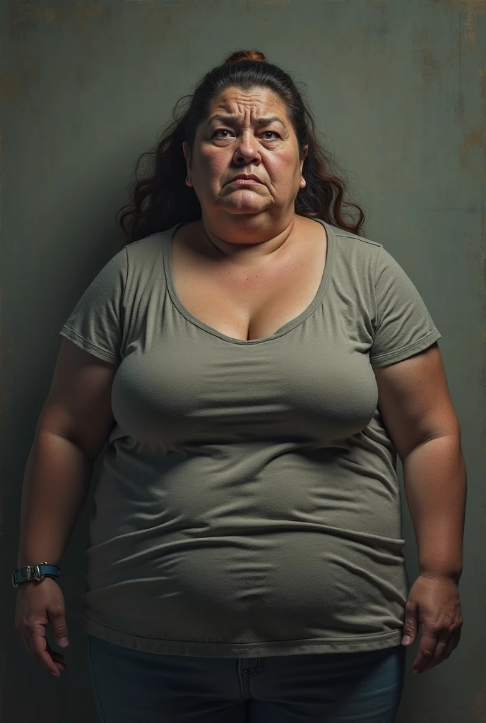 An elderly woman aged 65, with an easy, suffering expression and strong features, with an obese body weighing 70 kilos, 160 centimeters tall, thick legs and large, saggy breasts, with long black hair. She is wearing thick-framed prescription glasses., a short skirt measuring 20 centimeters, a low-cut tank top and flip-flops. She is seen in full body standing in a humble room at night with the lighting low..