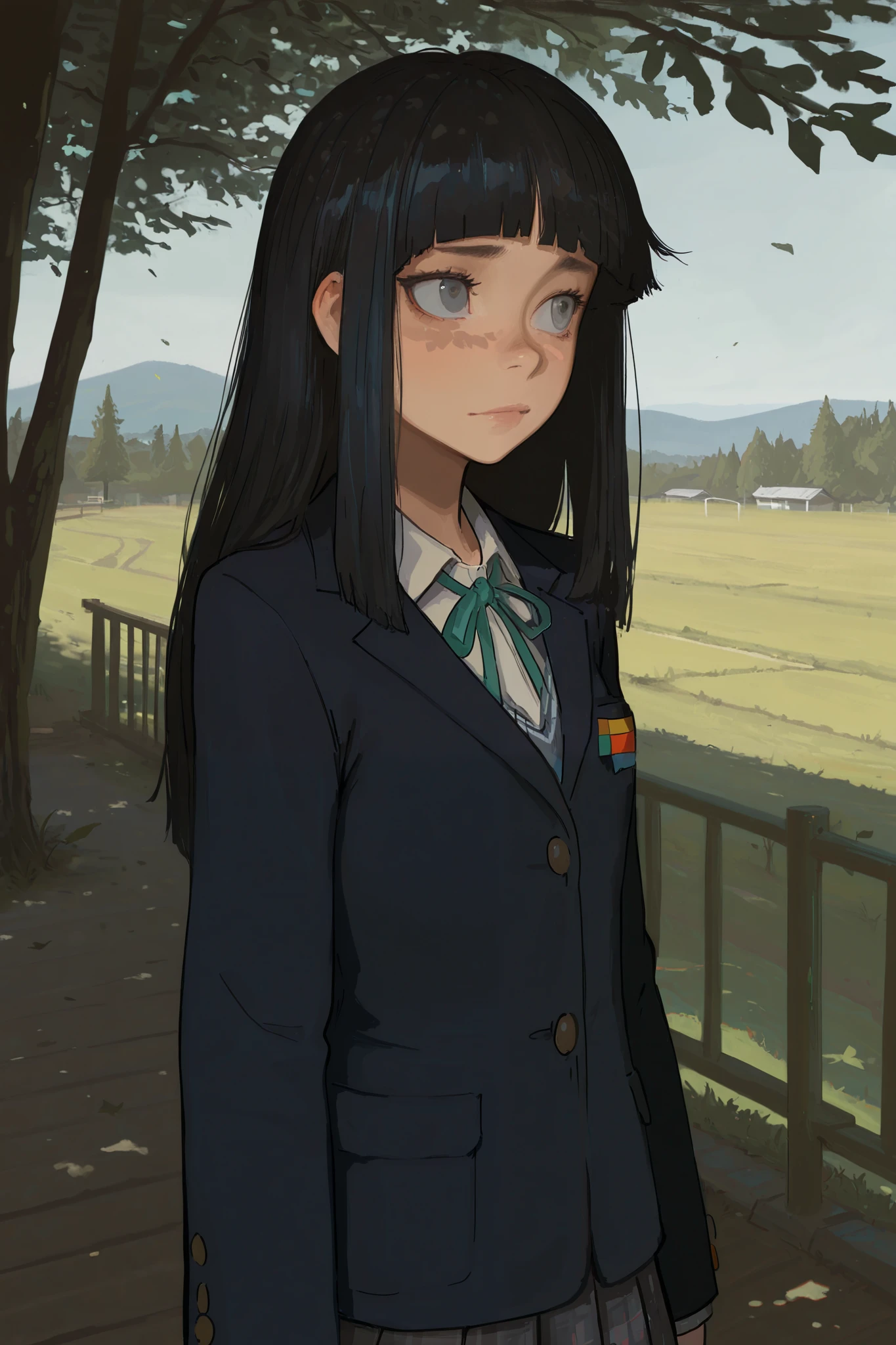 HDR, 8K, high contrast, masterpiece, best quality, amazing quality, very aesthetic, painting artstyle, realistic, newest, hyperdetailed painting, brushstrokes, digital painting,
BREAK
bounce light, hyperdetailed, detailed hair strands, detailed fibers, aesthetic, 8k wallpaper, detailed, masterpiece, best quality, amazing quality, very aesthetic, absurdres, 8K,masterpiece, great colors, color theory, great lighting, great composition, flawless. 1girl, Hime cut, black hair, bleached hair, grey eyes, school outfit, looking to side, leaves in the wind, sharp sunlight, windy, tree shade, railing, japanese road background.
