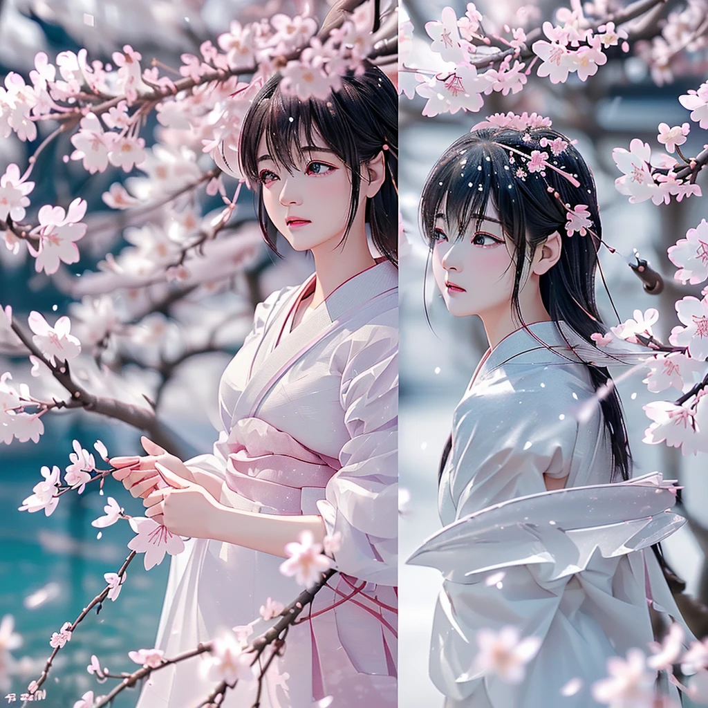 (A logo、​masterpiece、8K、masutepiece、Raw photo、Fantastic、Best Quality、フォトリアリスティックでighly detailedな CG 統合 8k 壁紙、hightquality、ighly detailed、epic poem、Particle effect、Dynamic effects、depth of fields、Cinematic Light、Lens Flare、Ray tracing)、Fantasia、 (1 beautiful woman in a white coat、robe blanche、Japanese dress、A dark-haired、Beautiful face、Real Face、beautiful details eyes beautiful skin)、Hair flutters in the wind、Hair jumps、Pink cherry blossom tree、Petals flutter、Sakura blizzard、Superb view、morning glow、Sun in the background、the wind、Deities、tusk、Deities話、Vast Land、