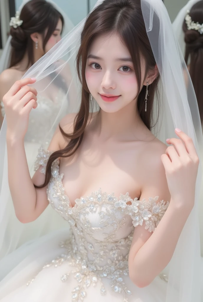 (Highest quality、Tabletop、8K、Best image quality、Award-winning works)、One beautiful bride、(alone:1.1)、(The most extravagant and gorgeous huge pure white wedding dress:1.1)、(Perfect Wedding Lace:1.2)、(The most gorgeous and luxurious giant tiara:1.1)、(The most extravagant and luxurious giant necklace:1.1)、あなたの最高の笑顔で私をplease look、The finest jewellery decoration、Perfect Makeup、Long eyelashes、Ultra HD Shining Eyes、Ultra HD Hair、Ultra-high resolution glossy lips、Ultra High Resolution Perfect Teeth、Super high resolution beautiful face、(Accurate anatomy:1.1)、Very bright and beautiful skin、very bright and vivid、Perfect beautiful bridal hairstyles、(Front facing body:1.1)、(Solid pink background:1.2)、Cleavage、nude、(The 肖像画 was taken from above the lying body: 1.3)、(( M-shaped legs spread, please look )))), (Show me your legs spread wide: 1.5), Real nipples, real open, (女性のマンコ汁がカメラにsquirtしている:1.2), Beautiful 20 year old Japanese girl, Stimulating the clitoris, masturbating and fingering, orgasm, Detailed facial features,(Front view), (squirt from pussy:1.2), (squirt:1.2), Remove the shoulder straps to expose your chest, (Showing realistic beautiful nipples:1.5)