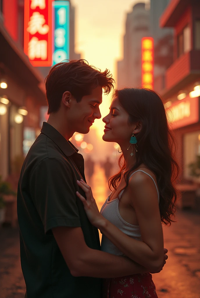 The cover image must depict a young couple (man and woman), the protagonists of the story, in a contemporary urban setting, maybe on a busy street in a big city at night. They are holding each other intimately and lovingly, looking at each other with expressions of happiness and genuine connection. The man, with dark hair and a gentle smile, wear a casual shirt and jeans, while the woman, with long, loose hair, gently hold his face, revealing tenderness and admiration in your eyes. Ao fundo, Illuminated buildings and lights from moving cars add a dynamic, modern ambiance to the scene, symbolizing the urban context of the story. The color palette should be soft and warm, with dark blue and violet tones in the night sky, contrasting with the warmer tones of the city lights and character details.