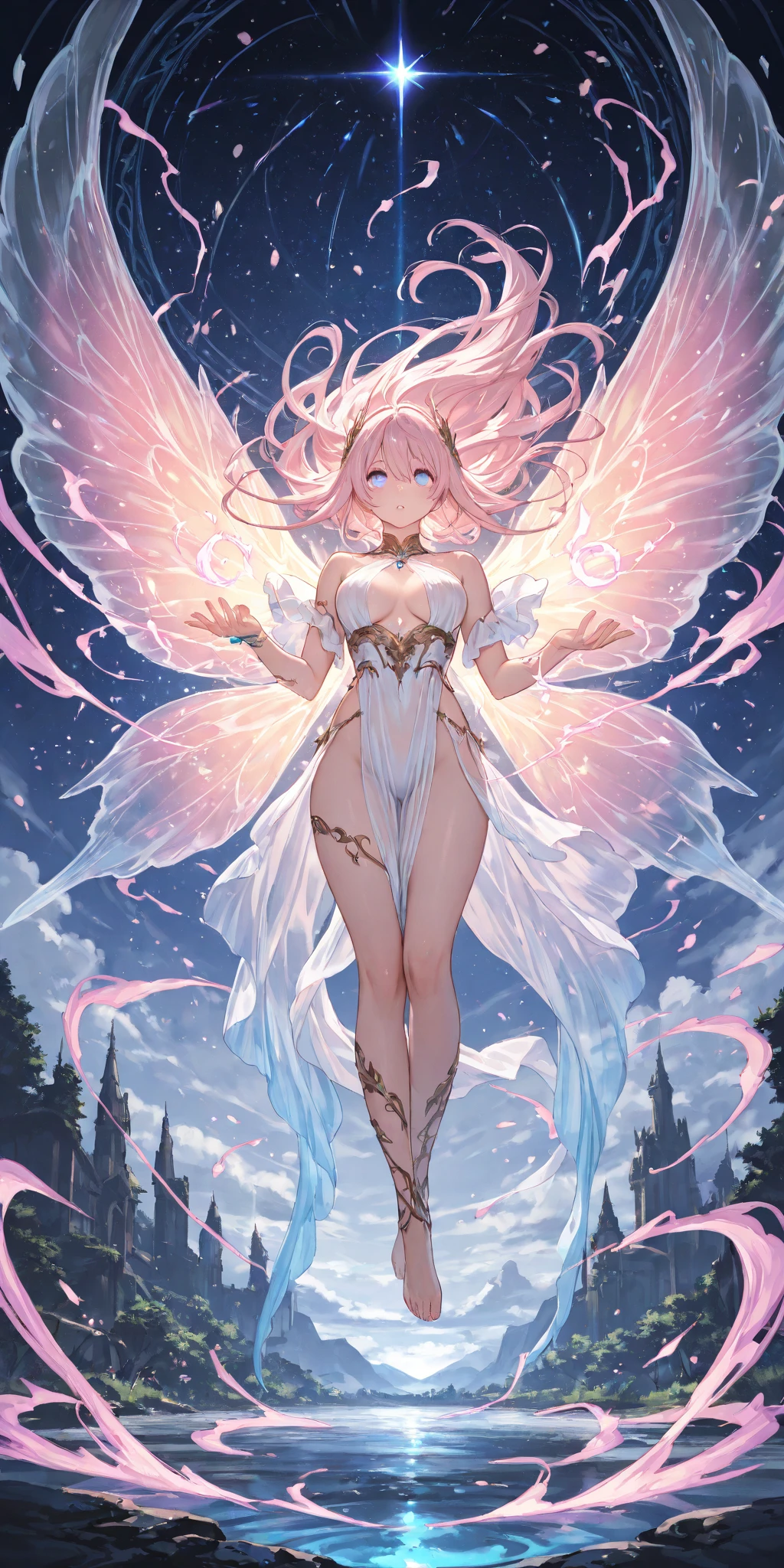 (High resolution), (32K), (very very highly detailed), (beautiful and delicate eyes), (best quality), (super detailed), (master piece), (Detailed and delicate face), solo，Highly detailed face and skin texture，fine eyes，double eyelid，spread your legs、spread legs，high details，stiletto heels,(dynamic pose)，1 female, long hair , long legs、 (camel toe)，(((big breasts))、Exposing genitals without wearing pants，The protruding PUssy ，cocked ass，I grew up sexy、(((A thin transparent dress that shows your skin:1.5)))、transparent dress with open neckline、Wearing a sheer dress、Sheer skin、Sheer skin、best style、pink nipples、Transparent pink nipples、(pink pillars and pink sunlight), heaven pink, Pink background, Pink sky、Pink clouds、pink flowers、 (pink temple)、 pink hot spring、pink water all over、Pink light、Pink sky間