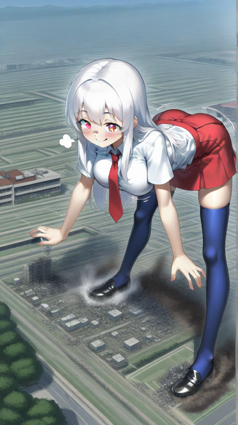 White messy hair, Red-eyed girl, Black premium coat, Red short sleeves,Barefoot (Bloodstained soles of the feet:1.8), reference sheet, tachi-e, Wide-angle, kanon, Motion blur, Ray tracing,(nsfw:1.5), Award-Awarded, High details, Smooth skin, 4K, Anatomically correct, ccurate, retinaagazine cover text,blood-streaked face,Huge schoolgirls sitting on a city street the size of a toy。GTS giantess stampedes on the city。