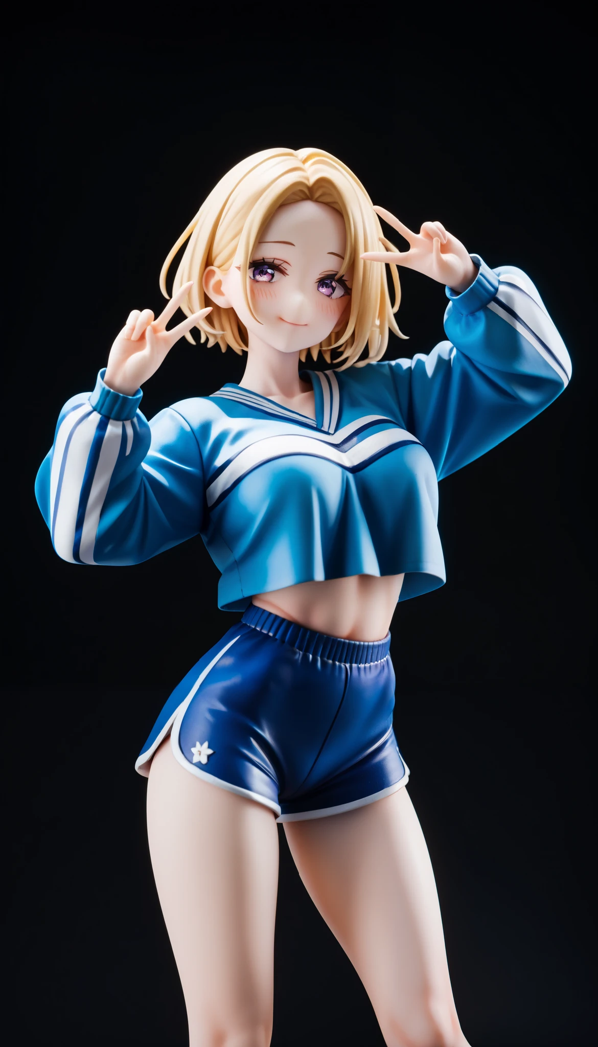 masterpiece, top quality, high resolution, blush, (Beautiful and sexy woman), animation, detailed face, (navy blue cheerleader suit top and very short navy blue sweatshirt shorts), Pinkish White Skin, midium breasts, (blonde hair style, short hair, no bang, no bangs, forehead), light purple eyes, (simple black background.). Raise both hands above your head, double v-sign. seduced face. seductive smile.