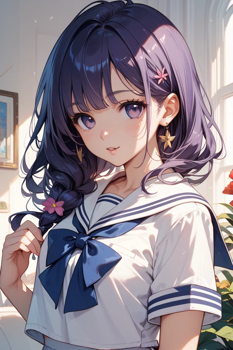 Highest quality,1People Girls, 1 person, cute, White Hair,Twin tails,Curly Hair, bright pink eyes, Elegant and delicate eyes, Detailed facial features, Long eyelashes, Beautiful lip detail, graceful and detailed poses, Dynamic configuration,Vibrant colors, Soft and dreamy,A cheerful smile,classroom,night,moon, star, At the window,Are standing,Navy blue uniform,Sailor suit