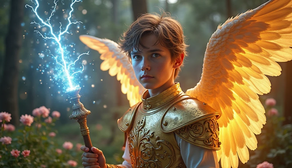 A boy is standing , fair and white skin, boy wears clothes like God, good and stylish hairstyle, wings on the back of the shirt, hi looking at the camera, boy holds thano's magic gloves in one hand, destroying large buildings in the background, boy holds thanos's magic gloves in his hand, the boy looks like God, dangerous boy eyes, your face shows clearly, boy's full body in frame, silver and gold magic wings, destroying large buildings in the background, full body in