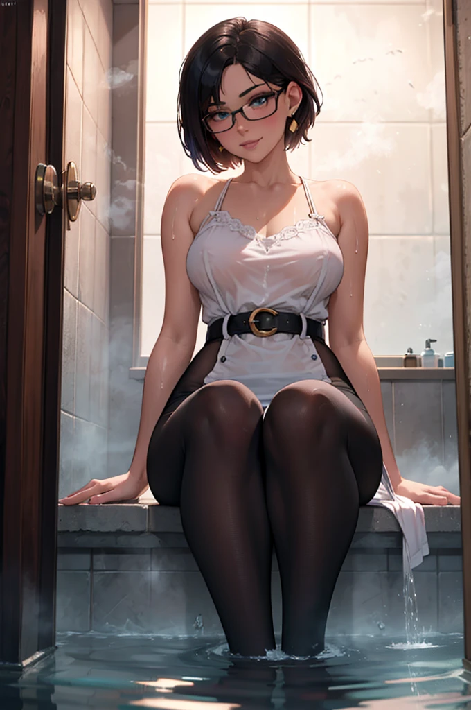 masterpiece, Super detailed, 8K Portrait, RAW Photos, Portrait Photography, Highly detailed face, 1 female, (Fighting Pose), 33 years old, (Small eyes), Glasses, (Black short bob hair), (Hair on one eye), (White skin color), (Loungewear:1.5), Midday Sun, Ultra-realistic, Body Model, (Small breasts:1.2), Beautiful breasts, (Big Ass), Long legs, living room, Ambient Lighting, Shadow Details, Camera focus on face, Strong winds, Light fog, ,Luxurious white lace bra, A shy smile, The gesture of brushing one's hair back,Lean back,