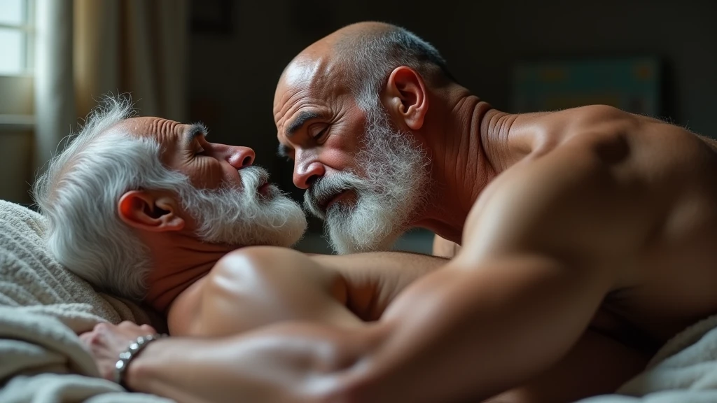 Indian gay old muscle man where white short dhoti open chest with hair in romantic mood hand on ass add some other neck mature man with romance  sleep on bed