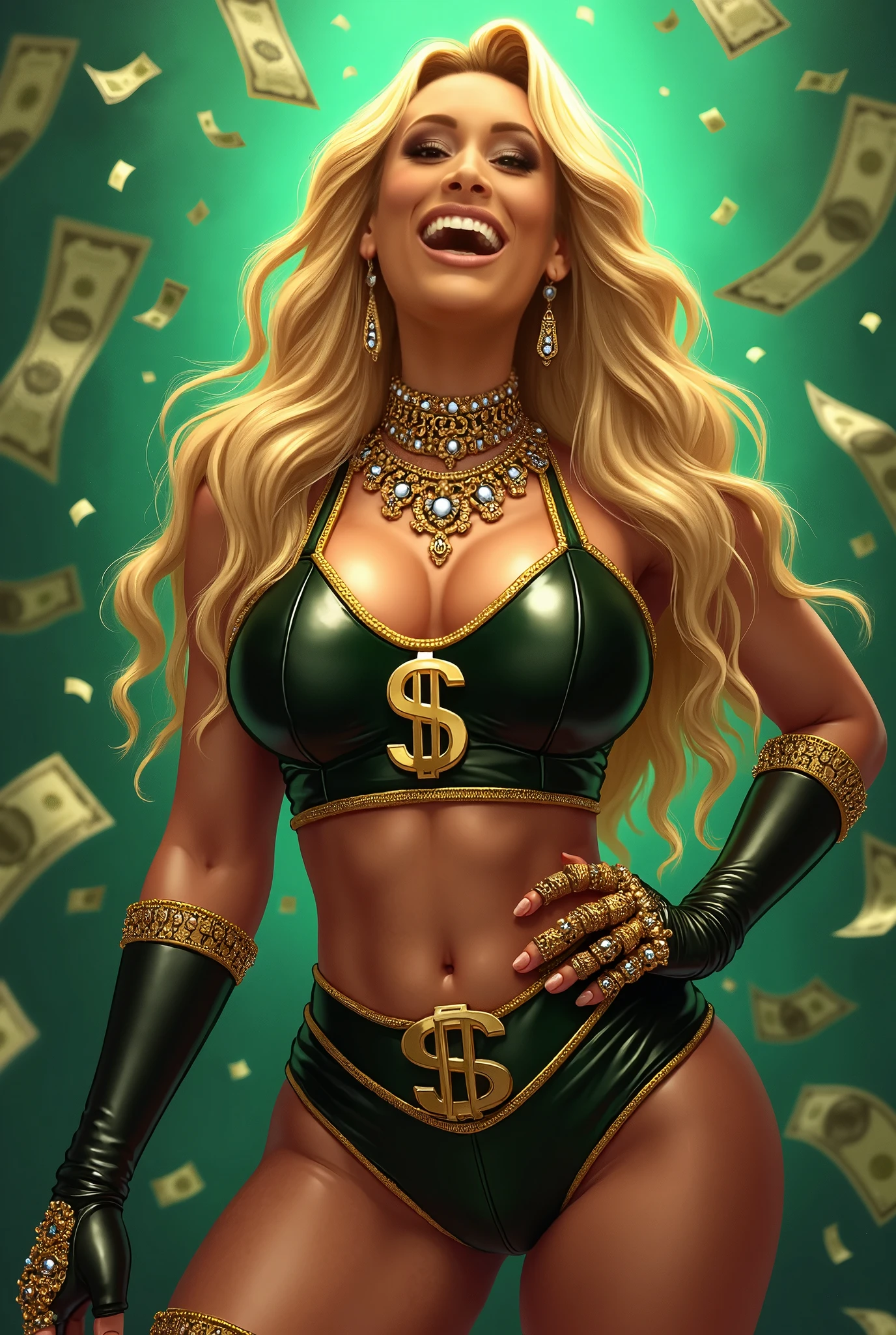 rating_safe, score_8_up, score_7_up, score_6_up, shiny skin, smal breasts, pale skin, cute perfect face, kid-like proportions, big head with big sunglasses, thin body, tiny limbs, (full-body shot of rich girl wearing a tophat and a revealing tailcoat), (holding handfull of dollar bills), fanning herself with money-fan, (oversized sunglasses hiding eyes), ((wearing oversized tophat)), smooth blonde curly hair, ((full-body shot)), cute button nose, freckles, revealing skimpy tailcoat, smoking cigar in mouth, looking up at viewer, blank background, condescending smug grin, cute leather shoes, tip-toe stance, money raining down in the background, zoomed-out view, blonde hair, human ears, zoomed-out view, completely in frame, nylon stockings, gold-necklace with golden dollar sign