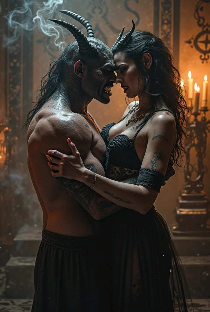 a naked man, 3, his hands are tied with chains, in an abandoned building, there are small ball lights, a blue light is on, in front of him, a woman in a purple dress, her body is visible from inside