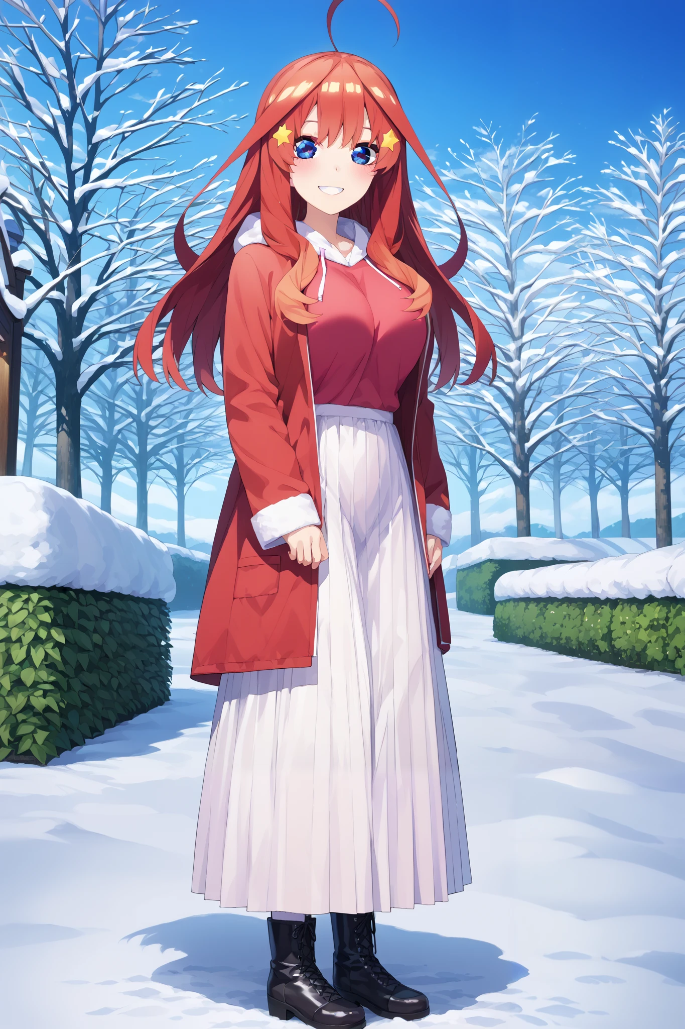 score_9, score_8_up, score_7_up, source_anime, Nakano Mizuki , long hair, blue eyes, hair ornament, red hair, long hair,stupid hair, star (  symbol ), star hair ornament, Big Breasts,smile,cover,opens her mouth,Red hoodie, white long skirt,boots,Snow standing in front of a Christmas tree,winter,Beautiful snow scene,illumination, white Christmas ,full bodyがillustrationsに入るように,break outdoors,garden,
break looking at viewer,full body,
break (masterpiece:1.2), Top Quality, high resolution, Unity 8k 壁紙, (illustrations:0.8), (beautiful detailed eyes:1.6), very detailed face,  so that it fits into the illustration, extremely detailed CG,full body写真, (Perfect Hand, perfect anatomy),