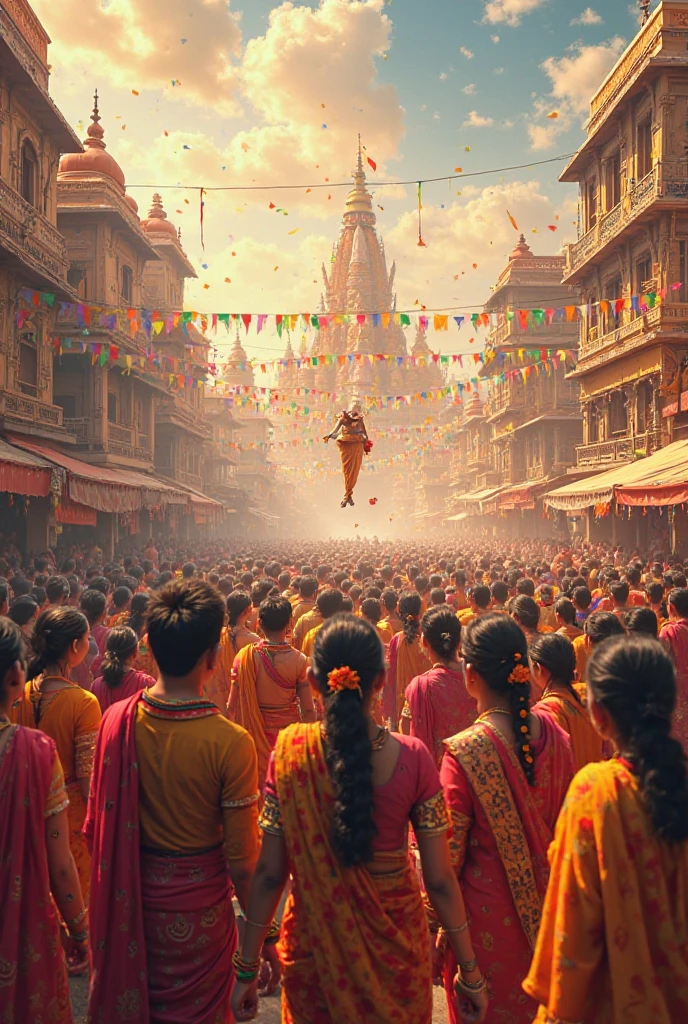 Cute krishna dahi handi with his friends..view from a distance..many people around to see..and krishna on the top..krishna is breaking the handi