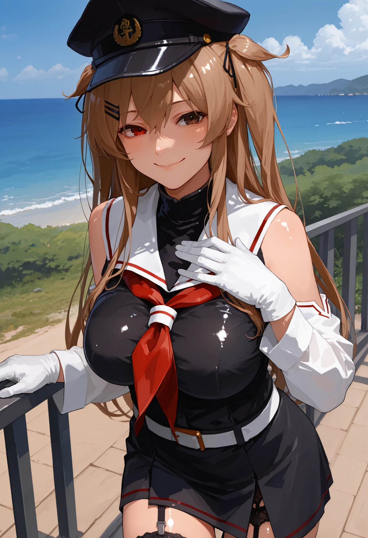 Murasamekai2kc, kantai collection,score_9, score_8_up, score_7_up, source_anime, 1 girl , (masterpiece) , bigger breasts, Official Art, detachable white sleeves ,, kantai collection,1 girl , (masterpiece) , best quality , high resolution , Murasame Kaiji Fleet Collection , long hair , (ツーサイドup) , hair flap , hair clip ,, black headwear , heterochromia , Red Eyes , brown eyes , white sailor color , red neckerchief , black shirt, white gloves , black skirt , garter belt , smile , outdoor , shiny skin,