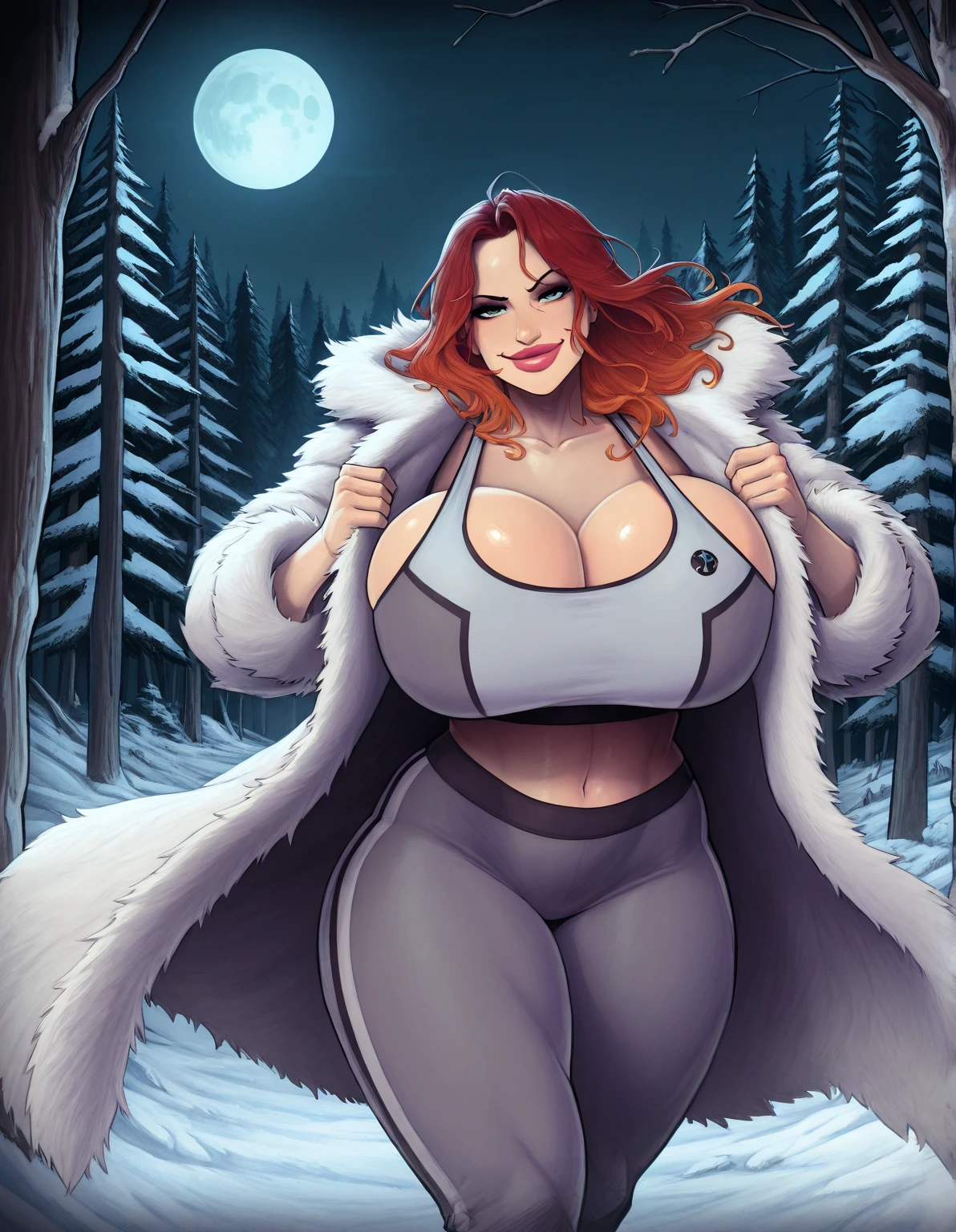 1girl, perfect female form, perfect face, thick lips, glossy lips, cowboy shot, huge pelvic, accentuated breast, lipstick, (slim:1.8), skinny waist, (narrow waist:1.4), curvy waist, wide hip, (masterpiece, best quality, realistic, hyperrealistic), sharp focus, good anatomy, (ultra detailed, ultra resolution, detailed face), WINTER FOREST, SNOW, RED HAIR, PURPLE EYES, (BLACK EYESHADOW:1.2), (HUGE THIGHS:1.6), HUGE BREASTS, SEE-THROUGH, (sport bra, sport thong), long hair, ponytail