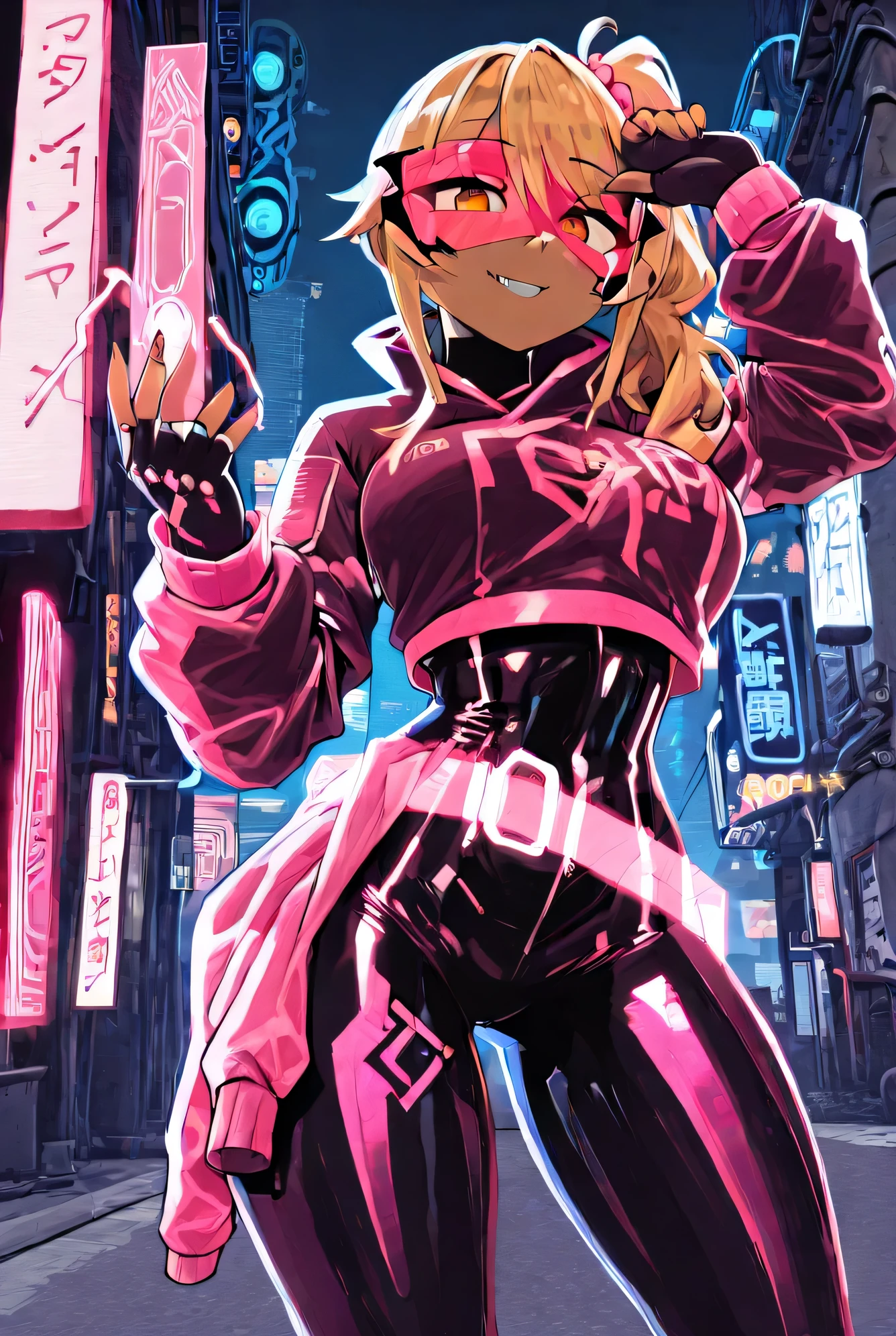 A cybernetic Gyaru exuding confidence and rebellious charm strides through the neon-lit streets of a futuristic metropolis. Her golden-blonde hair is styled into a high **side ponytail**, secured with a glowing pink scrunchie, while a few loose strands frame her face. Streaks of neon-pink circuitry pulse through her hair, syncing with the energy of the city. Her deeply tanned skin gleams under the fluorescent lights, accentuating the sleek cybernetic implants embedded seamlessly into her body. A thin, luminescent visor rests just above her sharp, amber eyes, scanning the world with an enhanced, almost otherworldly perception.
Her outfit is a perfect fusion of high-tech fashion and street-style Gyaru attitude, dominated by bold shades of electric pink and metallic accents. She wears a form-fitting, cybernetic bodysuit, its sleek design illuminated by glowing neon lines tracing along her curves. Over it, she throws on a short, cropped cyber-jacket with embedded holographic displays flickering with unknown data streams. Her fingerless gloves, adorned with micro-tech, enhance her dexterity and house concealed hacking tools.
Her legs are wrapped in sleek, high-tech thigh-high boots, lined with pink neon circuitry, adding both style and speed-enhancing functionality. A holographic belt hovers around her waist, shifting dynamically as she moves, projecting symbols and patterns that reflect her mood.
She moves through the cyberpunk cityscape with effortless confidence, the rhythmic hum of neon and the distant beats of underground music matching her stride. Whether she’s a rogue hacker, a high-tech street racer, or a digital outlaw rewriting the rules of the system, she is an unstoppable force—a cybernetic Gyaru, fierce, radiant, and untouchable.