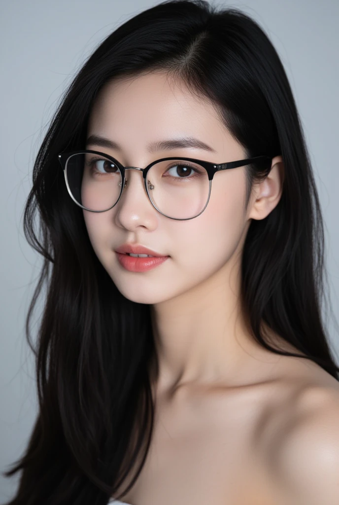 ((Best Quality, 8k, Masterpiece: 1.3)), Upper Body, (Frontal), Focus Clear: 1.2, Outstanding Beauty: 1.4, ((Big: 1.2)), Bob Hair, Straight Hair, Highly Detailed Face and Skin Texture, Detailed Eyes, Double Eyelids, (((Solo)), ((Solo)), T-shirt, Glasses