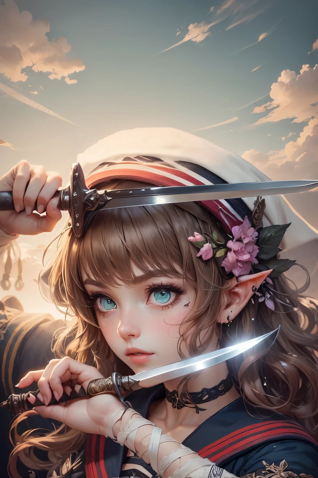 (Ultra-detailed face, Looking away, Gothic Illustration, Dark tone colors.  She has five fingers on her hands and five toes on her feet.), BREAK 
(A medieval Nordic port town. Scene of battle on the deck of a galley. Fantastic. Mysterious. Contrast of light and shadow.),  BREAK 
(A young female sailor in eladrin twists her body, boldly posing, holding a slender knife in each hand, held backwards. The viewpoint depicts the woman from the underside looking up.),  BREAK 
(She has honey-colored hair and eyebrows, crisp bangs, shoulder-length wispy hair, small pink lips, lime green eyes, light wheat skin, and eyeliner.), (She wears a sailor's uniform, white with a blue line design, sewn from a lace fabric with a medieval Italian-style cherry blossom motif. She wears sandals with thin strings of soft brown leather woven into them.)