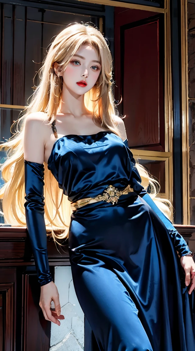 Best quality, masterpiece, ultra high res, raw photo, beautiful and aesthetic,deep shadow, dark theme,(ultra detailed:1.3),
1girl, standing pose, flower headdress, full of curtain, drill hair, long hair, blonde hair, gradient hair, yellow eyes, solo, big hair, blue hair, divine goddess, looking at viewer, indoors, bedroom, astraea, full body, black dress, black pantyhose, silver chain, cleavage cutout, stomach cutout, bare arms, bareshoulders