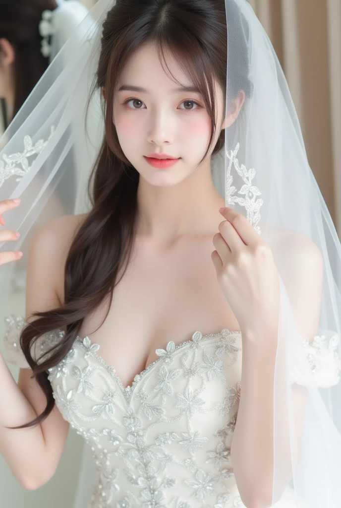 (1girl), ponytail, Extremely cute face, Amazing face and eyes, (Highly detailed eyes, Highly detailed face), fresh, Very clean appearance, (Hyper-realistic, hight resolution), (Best Quality:1.4), (hyper quality), Authentic skin texture, Raw photo, (Realistic, Photorealsitic:1.37), highly detailed, Professional Photography, (beautiful lace bridal dress:1.5), (lace bridal dress with open front), (cleavage:1.2), (Bare shoulders), Smile slightly, (Staring at me), luxury living room, girl portrait,