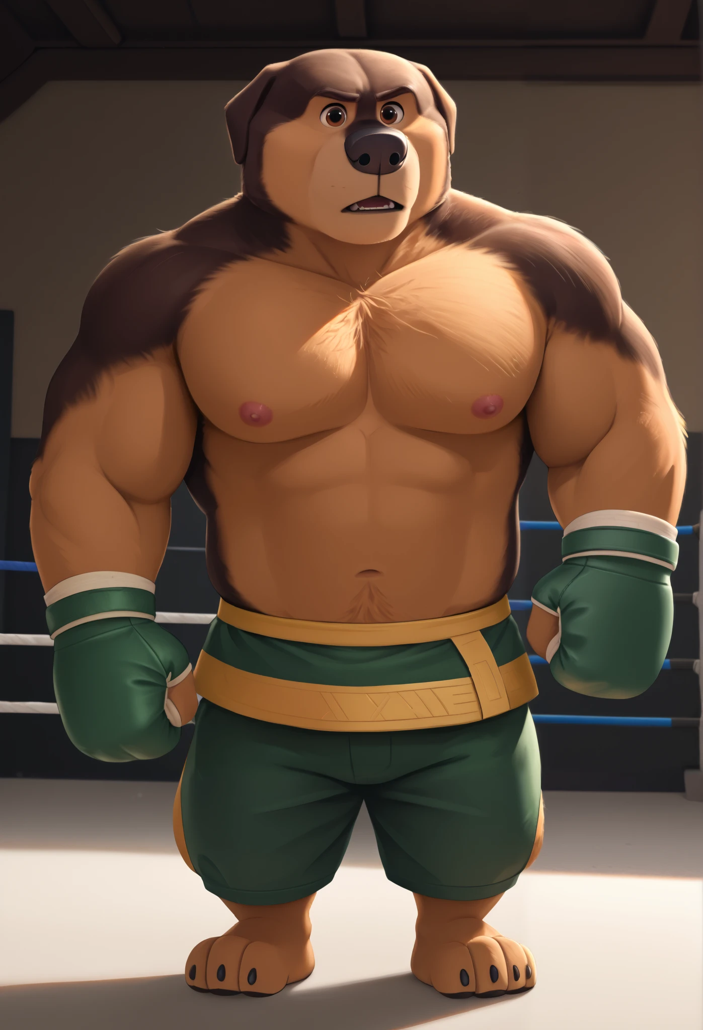 score_9, score_8_up, score_7_up, cartoon_style, ((by BodiPhant0m)), byBodiRDz, 4k, 8k, The best quality, very well drawn, detailed, high quality, detailed, 4k, high resolution, high quality, high resolution, Khampa, detailed, high quality, detailed, 4k, high resolution, high quality, high resolution, furry character, canine, 2d, solo, fighting arena background, rockdog, khampa, style rock dog, movie style, style[rockdog], rockdog, male, Tibetan mastiff, mastiff, dog boy, dog, khampa, Tibetan Mastiff with brown-and-tan fur with tan fur on his muzzle, feet, black nose, brown eyes, middle aged, thick muscular, Height: 6'10", Weight: 358lbs, shirtless, wearing green boxing shorts with slits, green boxing gloves, fights,