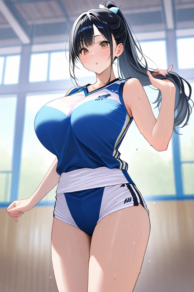茶色 eye, (large and perfect breasts), Hair length, Mature Woman, positive,One person,Long and shiny hair, Beautiful breasts, Big Breasts,Big Ass, blush, Sweat, purple_eye, Black Hair, lips, One personで,School gym,Gym suit,Bloomer costume,volleyball,