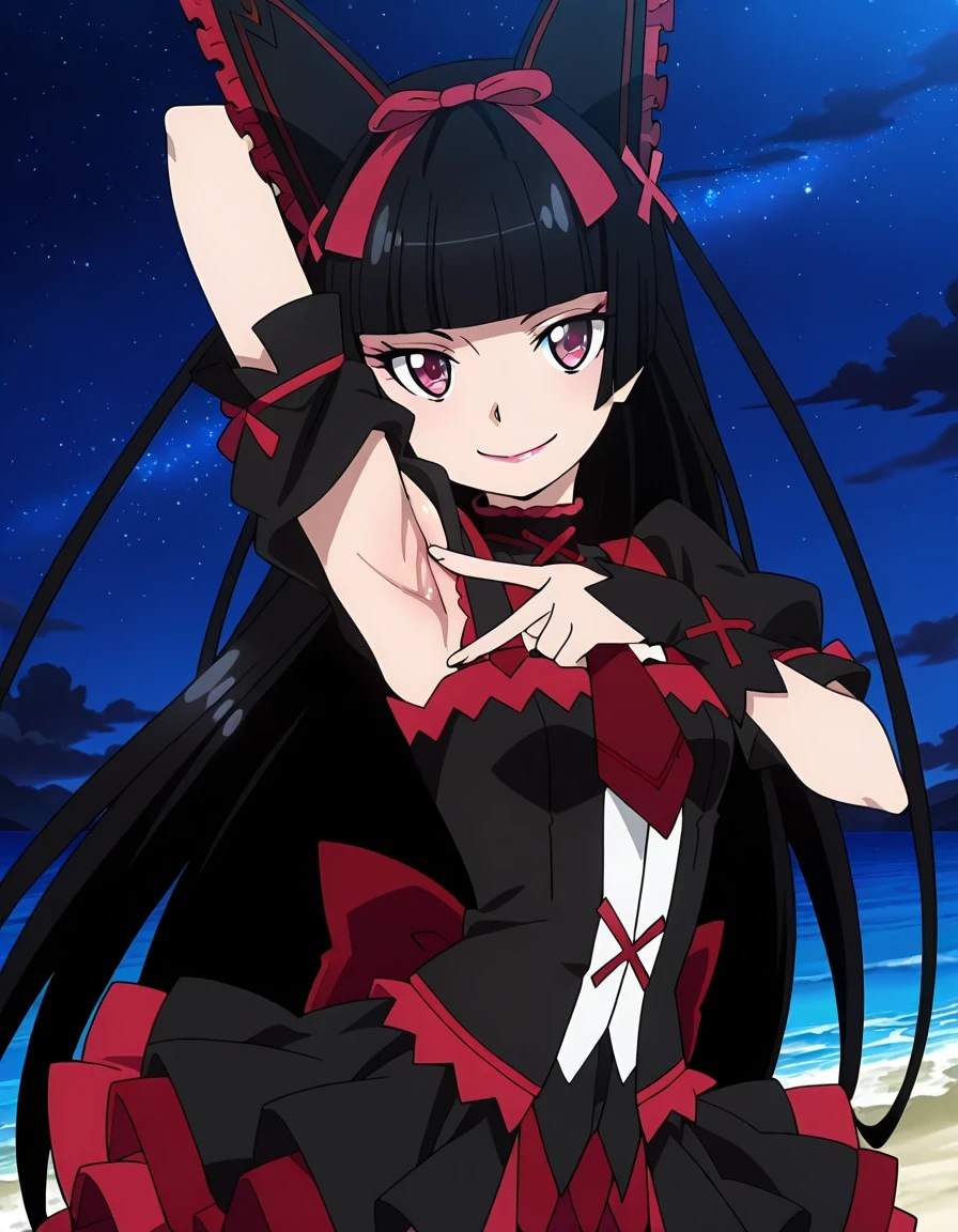Rory Mercury, anime screencap, masterpiece, best quality, 1girl, solo, closed mouth, smile, hime cut, long hair, blunt bangs, black hair, multicolored eyes, lips, hair bow, multicolored dress, red necktie, sleeveless, ribbon trim, frilled skirt, shiny skin, high quality, solo, upper body, (contrapposto), spread armpit, presenting armpit, hand behind head, closed mouth, night sky, beach, looking at viewer, smile, best quality