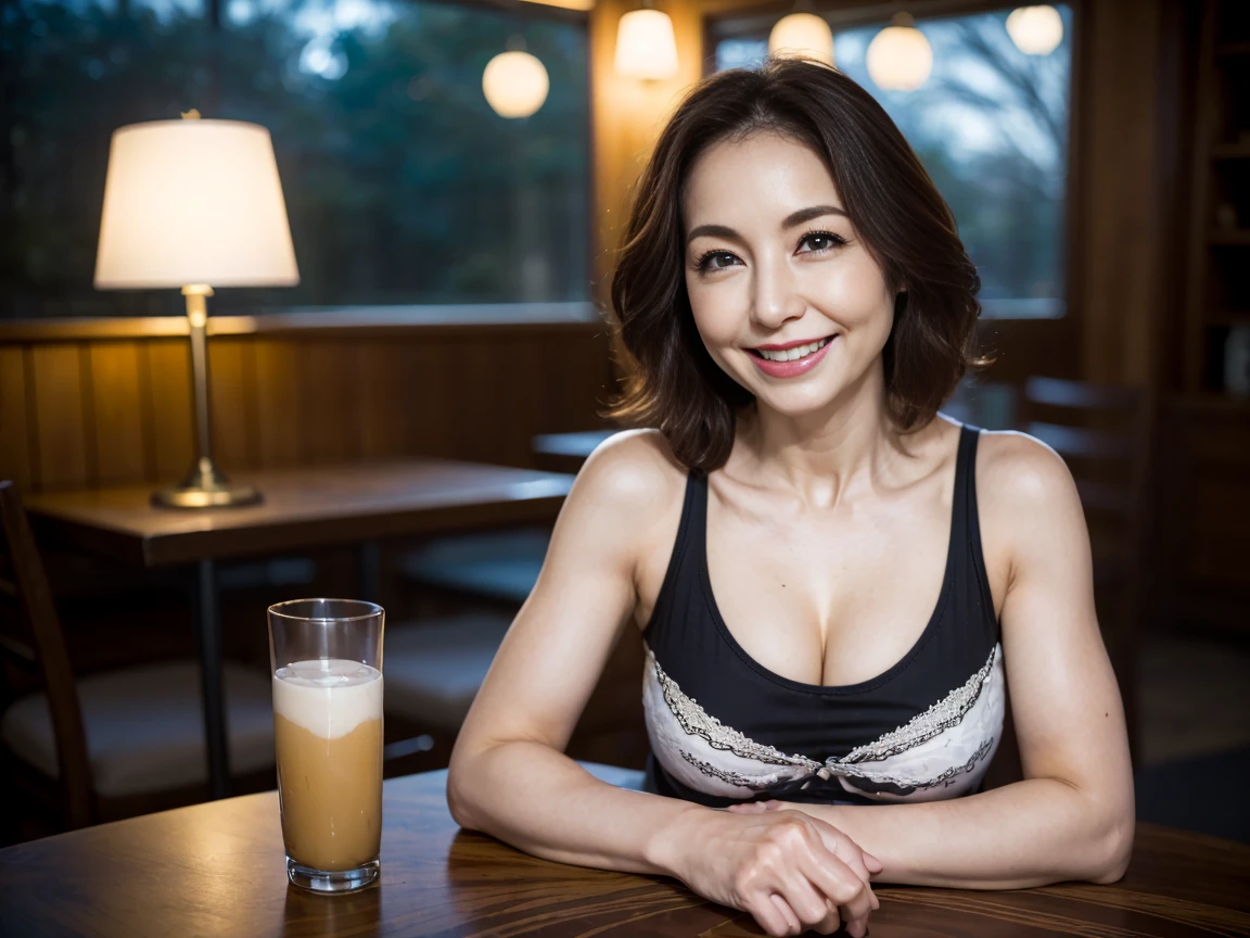 wears a transparent top, She is about 60 years old,asian woman sitting at a table ((drinking coffee)), smile,She is about 60 years old., She is about 65 years old, an Asian woman, Late 80s, sitting at a mocha-colored table, skirt a transparent,(cleavage breasts)