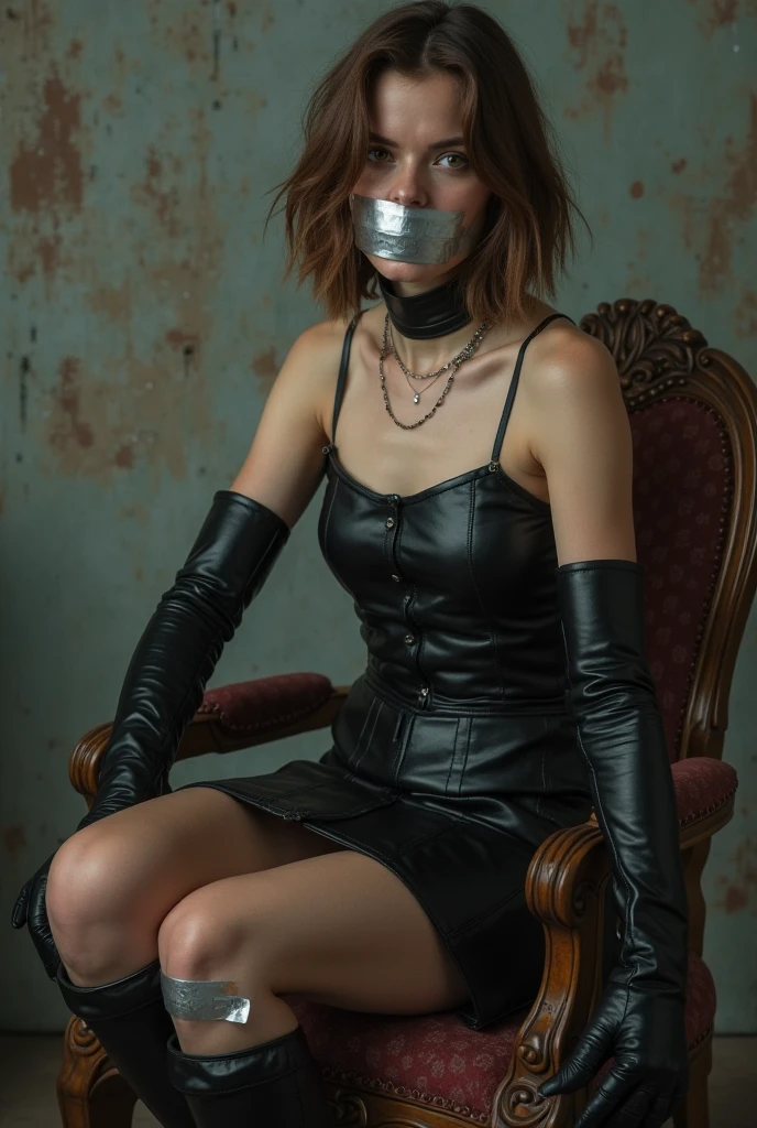 une fille en robe de cuir noir , bottes en cuir noir, , yeux marrons, cheveux longs brun , 1, bâillonné, Ruban argenté, ruban adhésif, mouth tied with Ruban argenté, arms tied behind her back with Ruban argenté, restreint, Mains derrière le dos, legs tied with Ruban argenté, sans espoir, UHD, 4k, Lumière douce, chaise attachée,