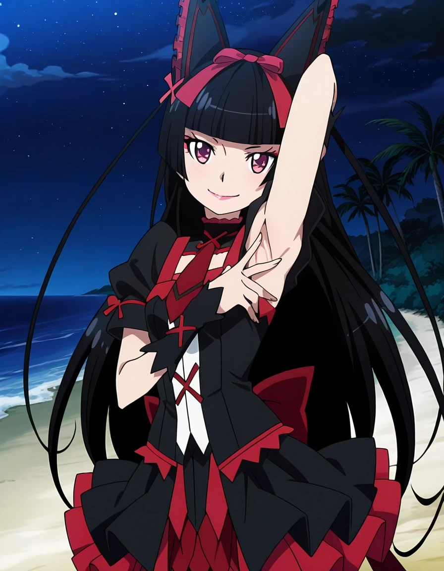 Rory Mercury, anime screencap, masterpiece, best quality, 1girl, solo, closed mouth, smile, hime cut, long hair, blunt bangs, black hair, multicolored eyes, lips, hair bow, multicolored dress, red necktie, sleeveless, ribbon trim, frilled skirt, shiny skin, high quality, solo, upper body, (contrapposto), spread armpit, presenting armpit, hand behind head, closed mouth, night sky, beach, looking at viewer, smile, best quality