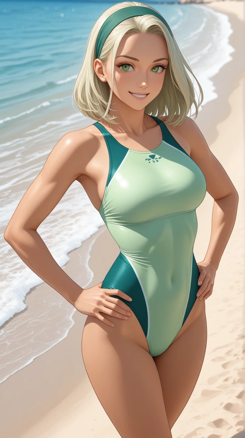 score_9, score_8_up, score_7_up, source_cartoon,<lora:Artemis_PDXL:0.8>, artemis, blonde hair, brown eyes, long hair, big lips, dark skin,medium breasts, green one-piece swimsuit, sweaty, steaming body, armpit showing, standing, looking at viewer, smug, solo, outdoors, beach, blurry background, best quality, high quality