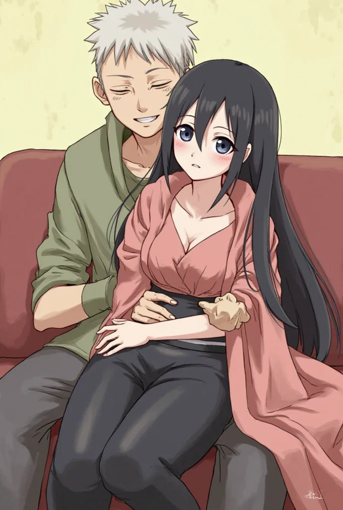 Draw an anime-style scene showing, Adult Naruto, Naruto Uzumaki and Hinata Hyuga in a tender moment. Hinata is pregnant and Naruto is by her side, with a hand placed affectionately on her belly. They're both smiling happily, expressing the expectation and joy for the arrival of the baby. The background should reflect a serene and welcoming environment, capturing the atmosphere of love and happiness of the scene.