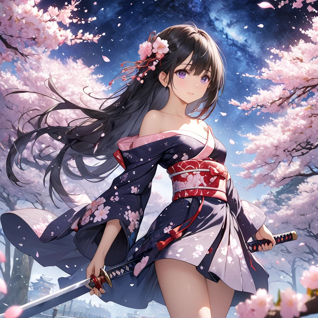 (((masterpiece))),(((Highest quality))),((Very detailed)),(figure),(Dynamic Angle), ((floating)),(paint),((Disheveled Hair)), (alone),(((The skirt is flipped up and the underwear is visible))), ((Girl in black coat)), (((Detailed anima face))),((Beautifully detailed body)),collar,Exposing shoulders,(((Mysterious and shining blue eyes)))Gray Hair, ((Colorful Hair)),((Striped Hair)), Beautiful attention to detail,(Gradient color eyes),(((Colorful eyes))), (((background))),(((High saturation))),(((Surrounded by colorful splashes))),(((Standing in front of the cherry blossoms in the night scenery))),,((Holding a sword))