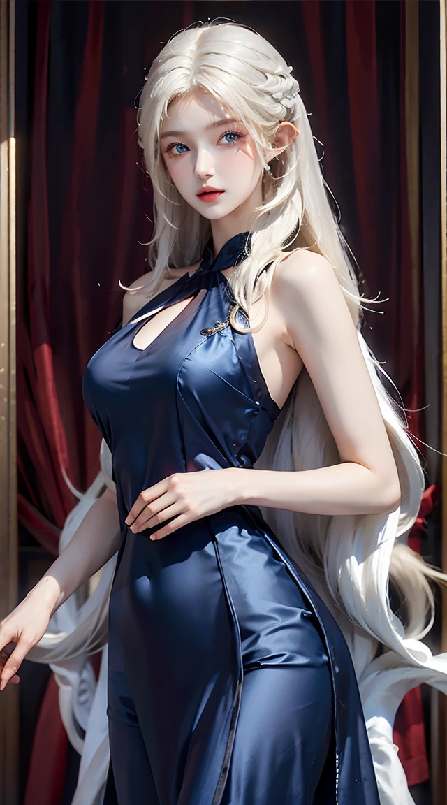 From above, ((Best Quality)), ((Masterpiece)), (Details) 1girl, she was wearing a revealing red dress. The dress, exposing the shoulders and navel, fit the body snugly and beautifully emphasized its curves. Her skin was white like ivory and soft and smooth to the touch. Her hair was straight and shiny black. Her long hair ran down her back, making her figure look even more beautiful. Her eyes are large and deep indigo. Her lips were colored with cherry-colored lipstick and were plump and bulging. Her figure is somewhat mysterious and looks at the viewer. She was in a minimalist, simple and stark white room. Her face was beautifully trimmed and her eyes and nose were clear. The big black eyes were attractive with a deep and subtle glow. Her hair was long and lustrous, and her flowing beauty further enhanced her charm. Her mouth was small, and her well-formed lips were shining brightly. Her skin was smooth and very beautiful, almost silky. Her breasts and buttocks were large, and her thin waist was beautiful with its supple lines. , (large breasts, huge breasts, huge breasts, big breasts:1.2)