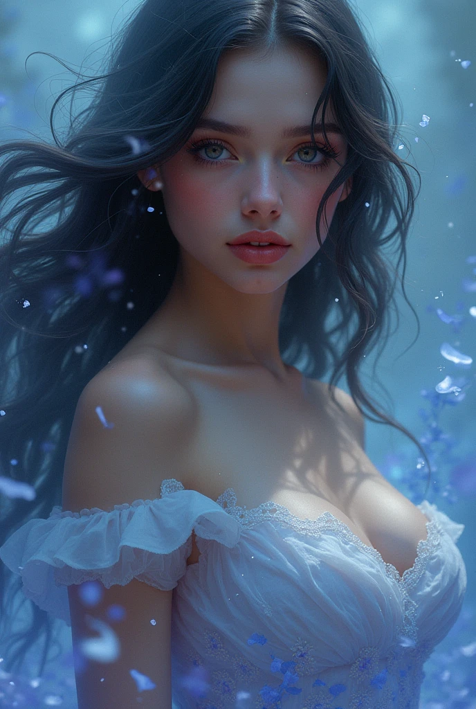 front view oil painting of a woman with face of Winona Ryder morphed with Angelina Jolie laughing with gigantic hairdo, laying back ona a water surface, upper body pointing up from water surface like two islands, tears of joy, stunning digital illustration, beautiful fantasy art portrait, a beautiful artwork illustration, charlie bowater rich deep colors, artstyle tom bagshaw, beautiful digital illustration, beautiful fantasy portrait, portrait of a dark fantasy nymph, exquisite digital illustration, in style of anna dittmann