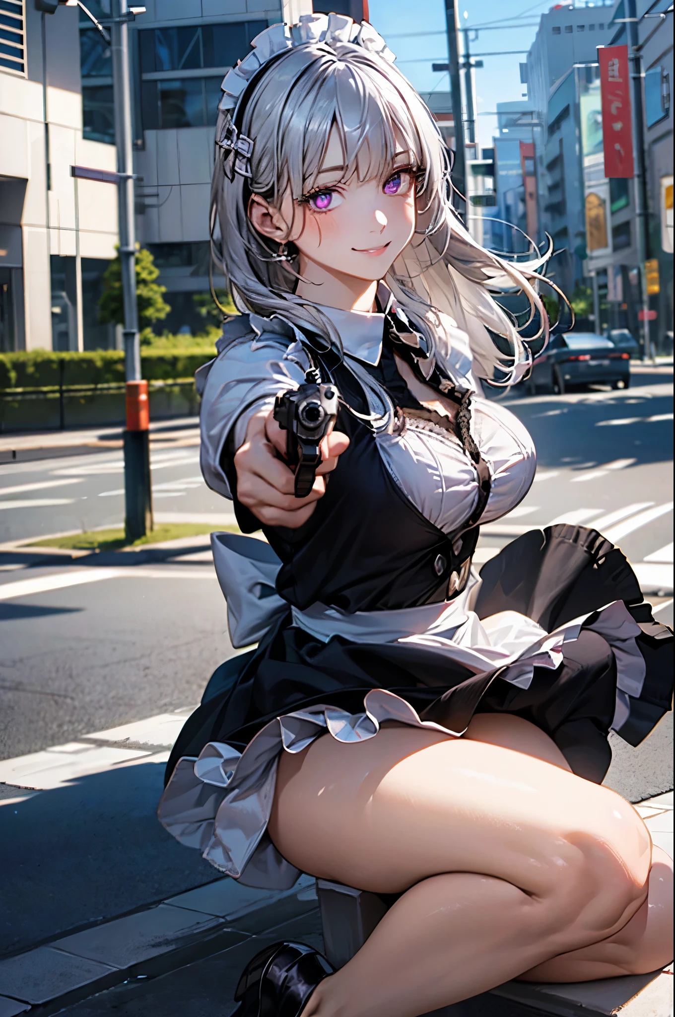 Highest quality、Ultra HD、One Woman、(Silver long hair 1.3)、(Green blazer 1.3)、(White tight mini skirt 1.3)、(Black tie)、(Black loafers 1.1)、((Shooting a gun 1.2))、(Large Breasts)、(Thighs)、(Black knee-highs 1.2)、(Beautiful face with sharp eyes 1.2)、40-year-old woman、Slender body、(Evening school background 1.2)、((Clear and beautiful touch))