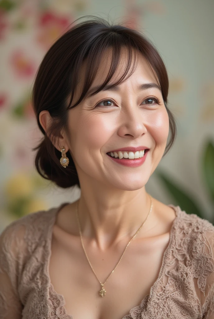 最high quality, In 8K, Structure from knee to top of head,, Genuine, Sharp focus, high quality, High resolution, Detailed face, fine grain, Thick lips, Background Blur, alone, Middle-aged women, , 65 years old, , Wavy Hair, Cleavage, Wearing a plain short-sleeved knit, Standing in the park, Wrinkles around the eyes, Smiling with teeth showing