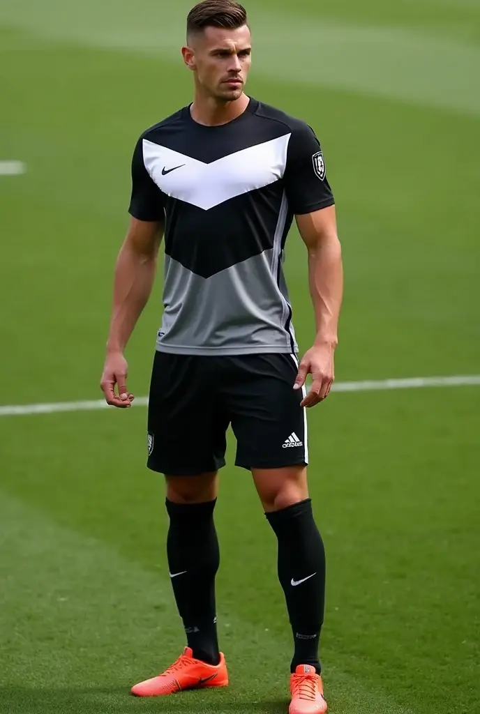 football uniform, tricolor shirt, black white ash, Grey shorts, blackstockings.
