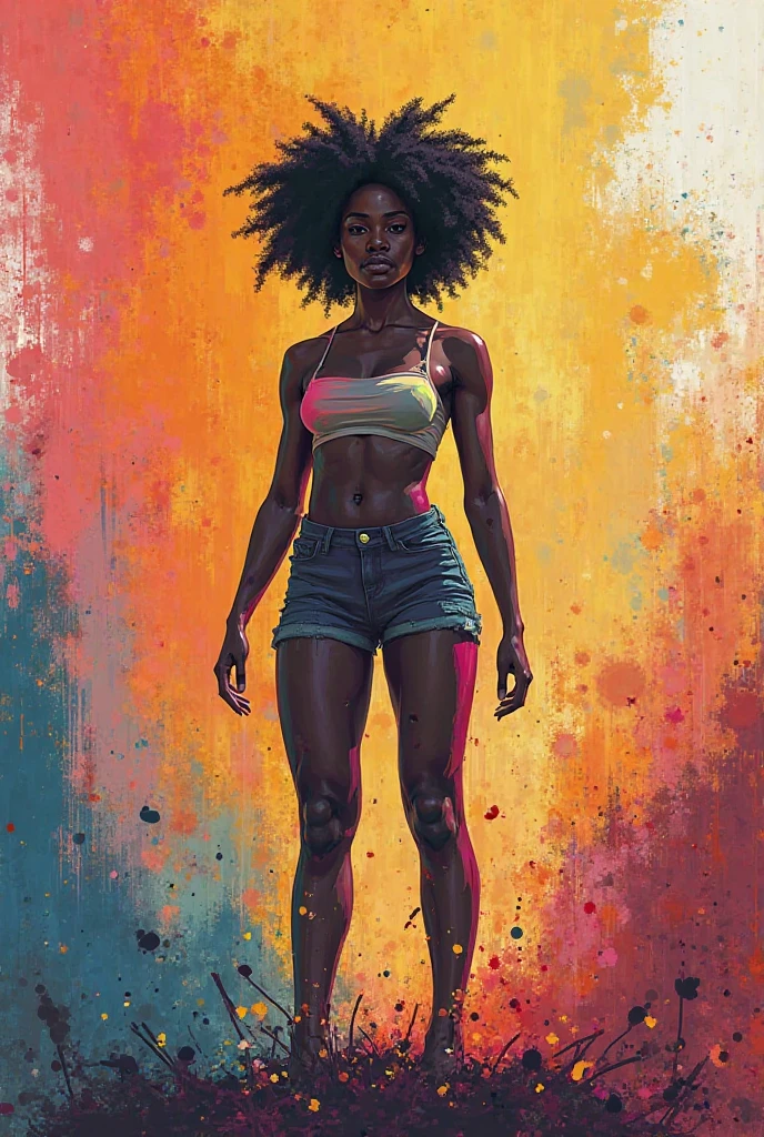 Denim jacket paired with a white t-shirt, distressed jeans, and sneakers., cute Filipino girl, dazzling Brown eyes, pointy breasts, Prussian blue huge afro hair, The abandoned research facility was a labyrinth of dark corridors and flickering lights, with strange experiments still humming away in the background., thick lines, anime style, wushen\(full)\ beautiful lighting, Futurepunk, Aetherpunk, cave art