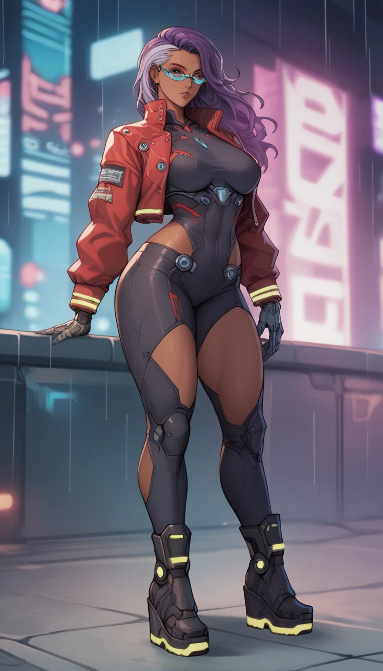 Soldier 76 (Overwatch) Secret agent tight suit tactical mask Super huge breasts A person standing in a sci-fi city looking at the audience illustration, ultra-detailed, HDR, vibrant colors, soft lighting