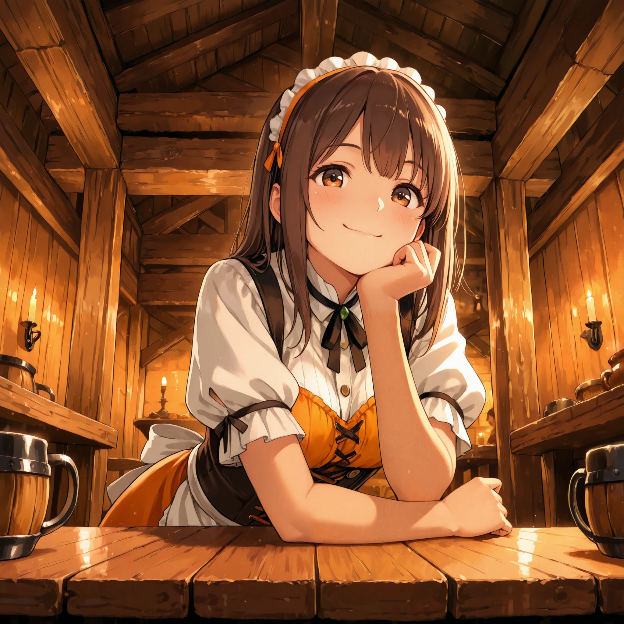 An illustration of a fantasy tavern.
A cinematic wide-angle shot. The person is small and centered in the frame, yet illustrated with extreme detail.
The warm, wooden interior features a large table in the foreground.
In the background, a female waitress rests her chin on her hand, looking at me with a mischievous smile, dressed in a fantasy-themed outfit.
The tavern is softly lit by candlelight, with wooden beams and rustic furniture enhancing its classic atmosphere.
The scene conveys a warm, lively mood with a sense of story in a fantasy setting.