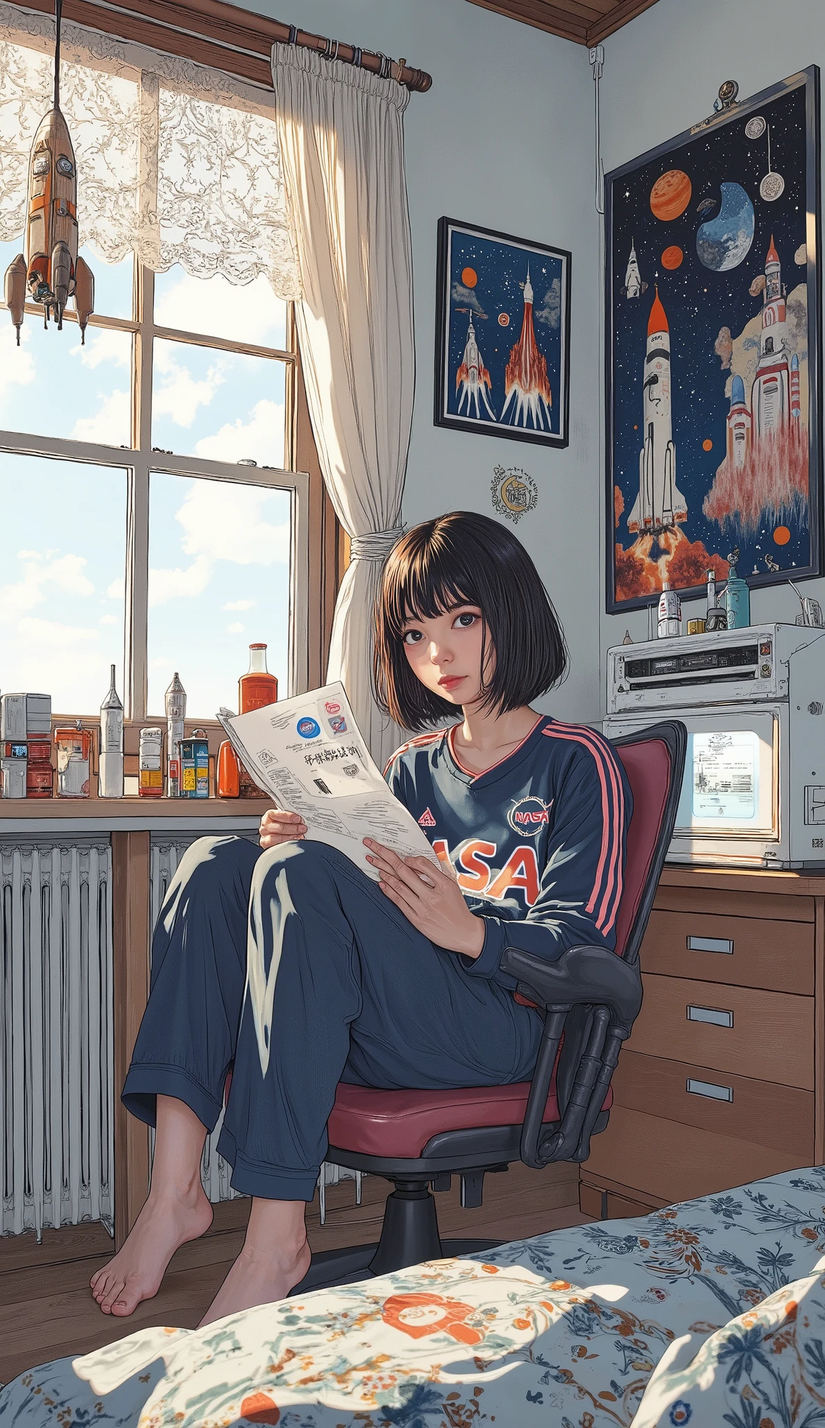 A Japanese high school girl who loves NASA is relaxing in her room , Traditional Paintings , by Shinoda Toko , by Ayako Rokkaku , mural, Full page illustration , Japanese painting, Comic stills , Artwork , dark blue and Bordeaux album jacket , lace curtains、Lots of rocket miniatures lined up, spaceship poster、spaceship mobile、 short bob 、 adidas jersey , headphones , anatomically correct、She loves space、