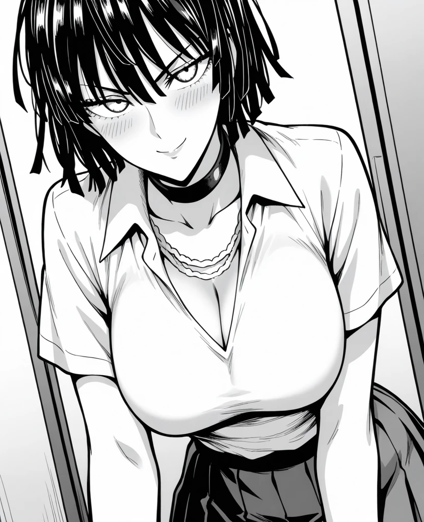 Girl in sexy pajamas, The pajamas are too small for her and highlight her breasts. The girl has short hair that reaches halfway down her neck., It is black but with a lot of volume. The girl is looking straight ahead, her eyes show disinterest or boredom, she is yawning, She is super disheveled, Her breasts are big. She hides her hands behind her back